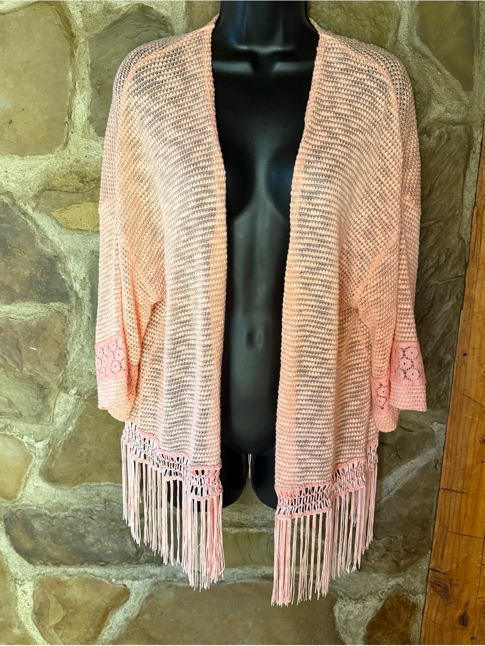 Peach Pink Open Front Knit Kimono Cardigan Fringe Hem Crochet Lace Sleeve Boho